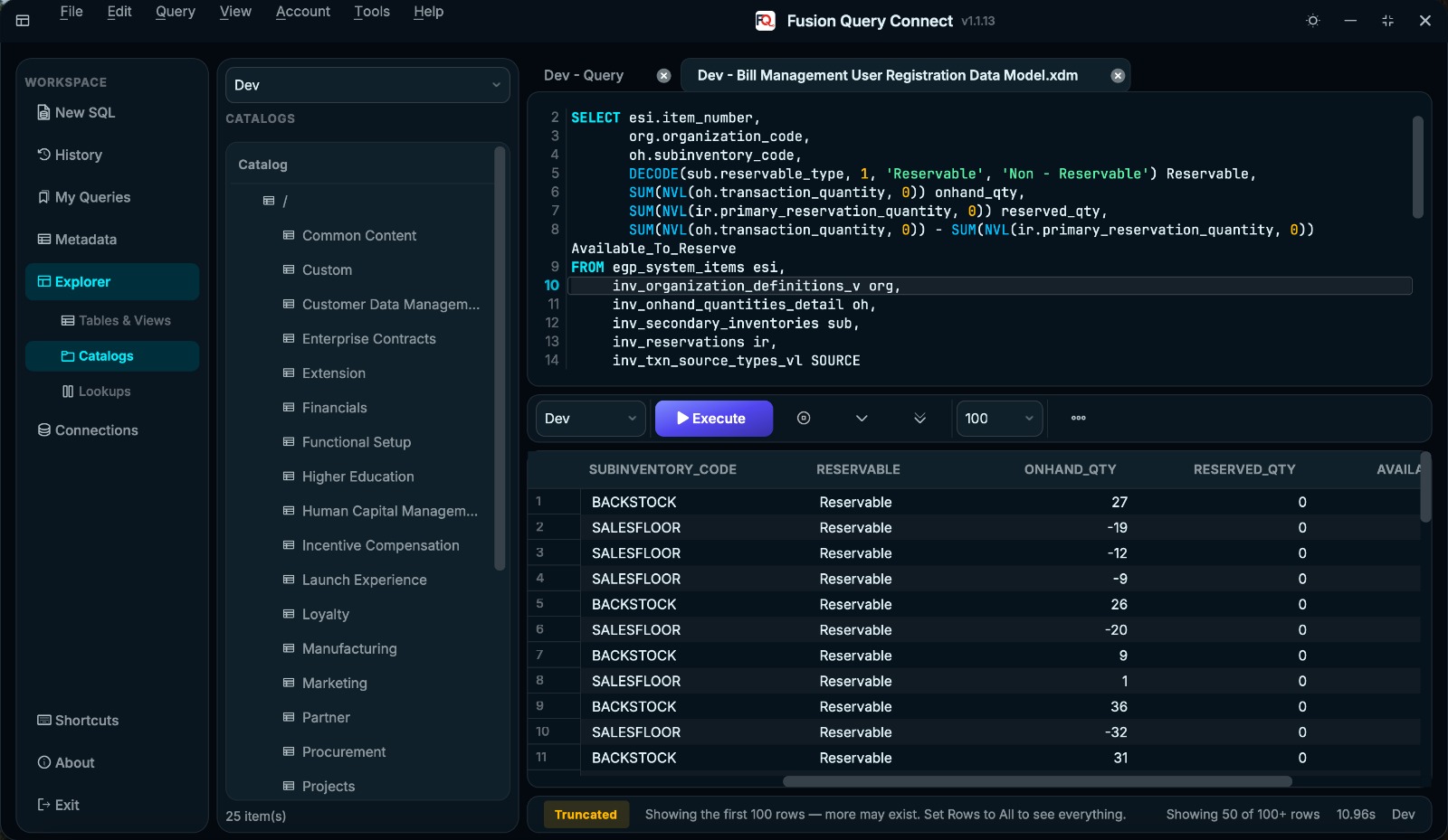 Fusion Query Connect desktop app showing the catalog explorer, a SQL editor and query results