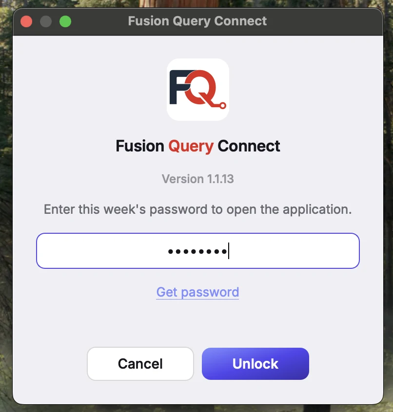 Fusion Query Connect start screen asking for this week's password