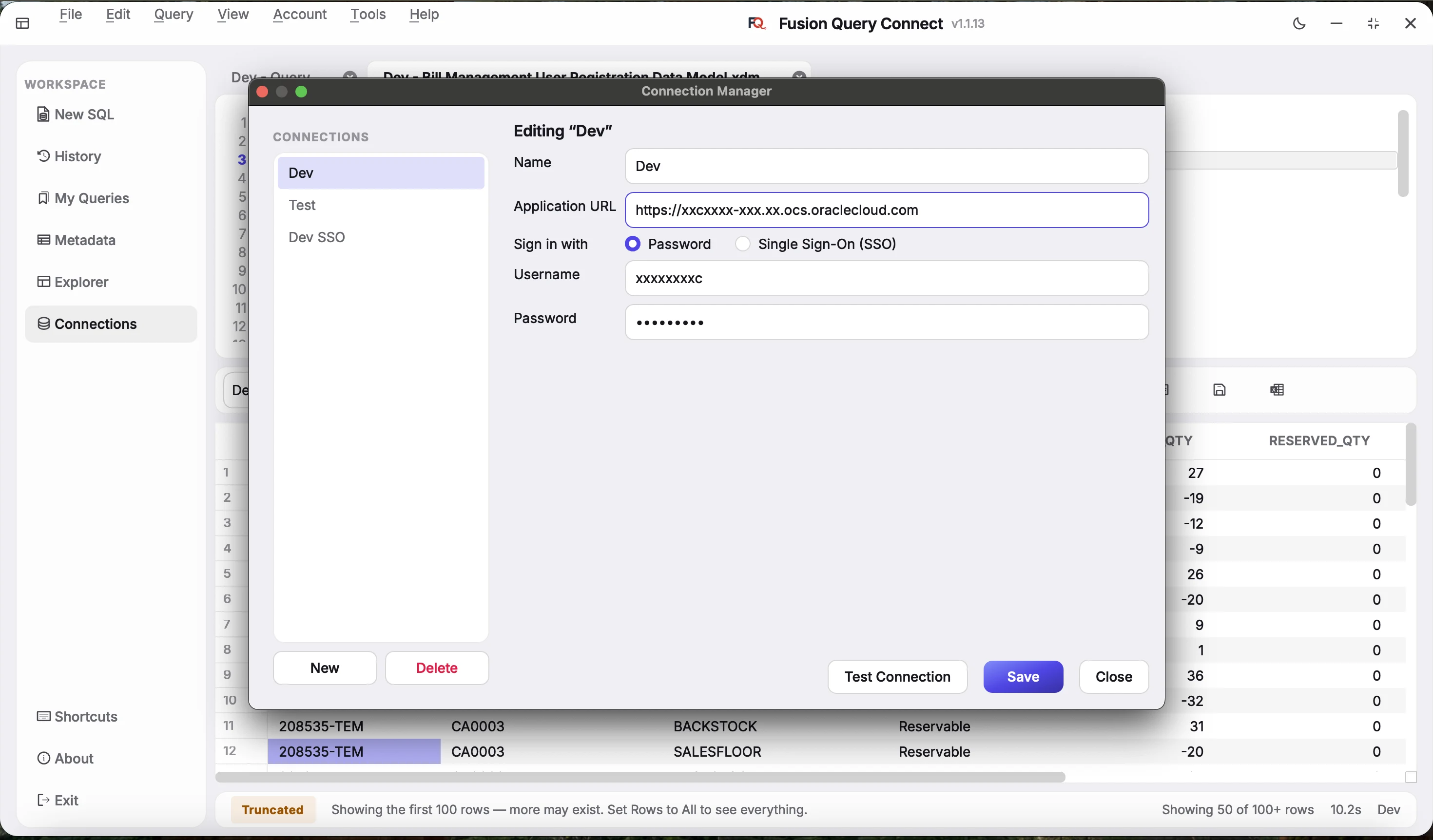 Connection Manager editing the Dev connection, with Password and Single Sign-On (SSO) sign-in options