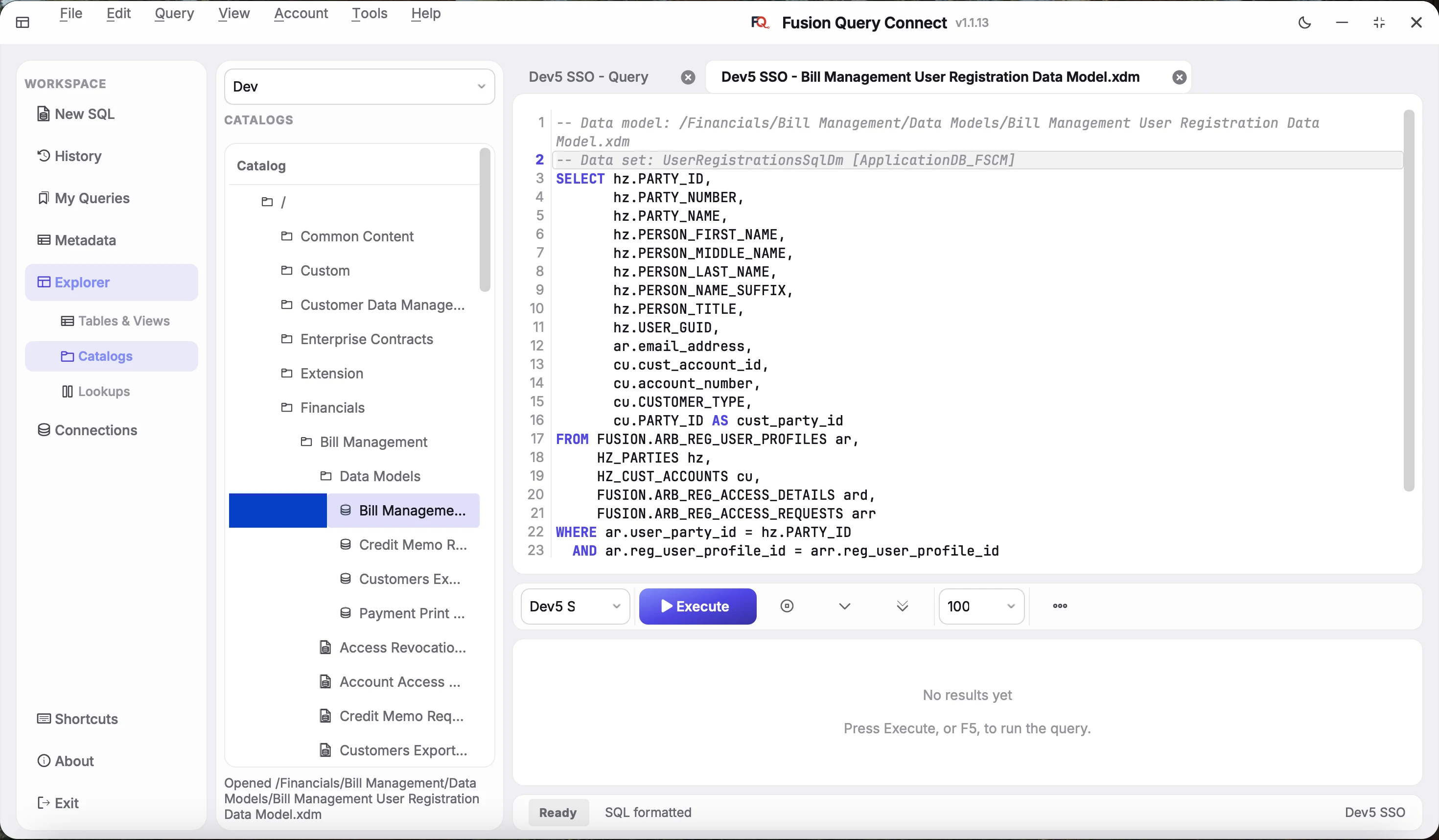 Catalog browser with a Bill Management data model SQL opened in the editor