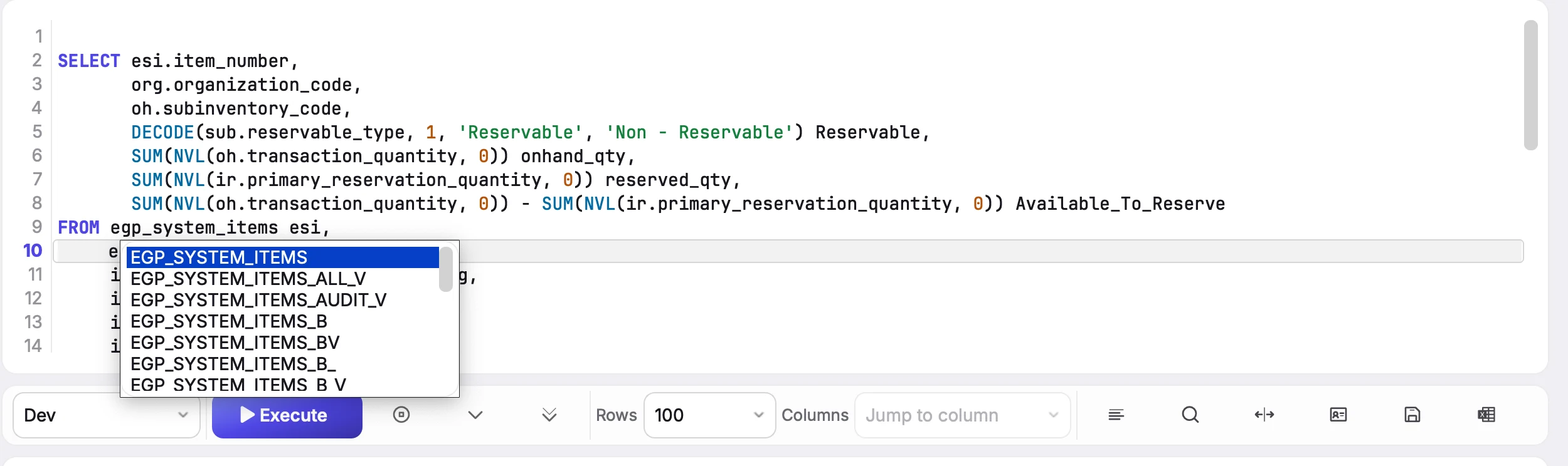 Table auto-complete list showing EGP_SYSTEM_ITEMS tables and views in the FROM clause