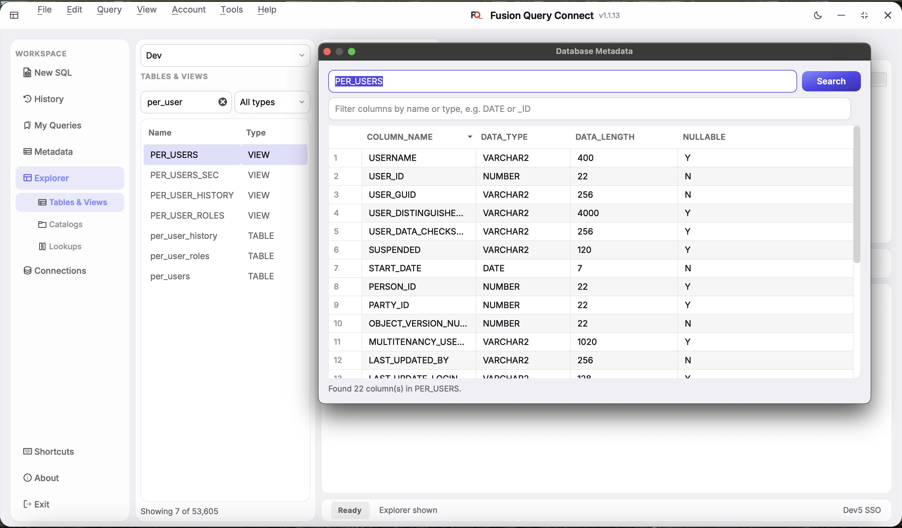 Tables and Views search for per_user next to the Database Metadata window listing the 22 columns of PER_USERS