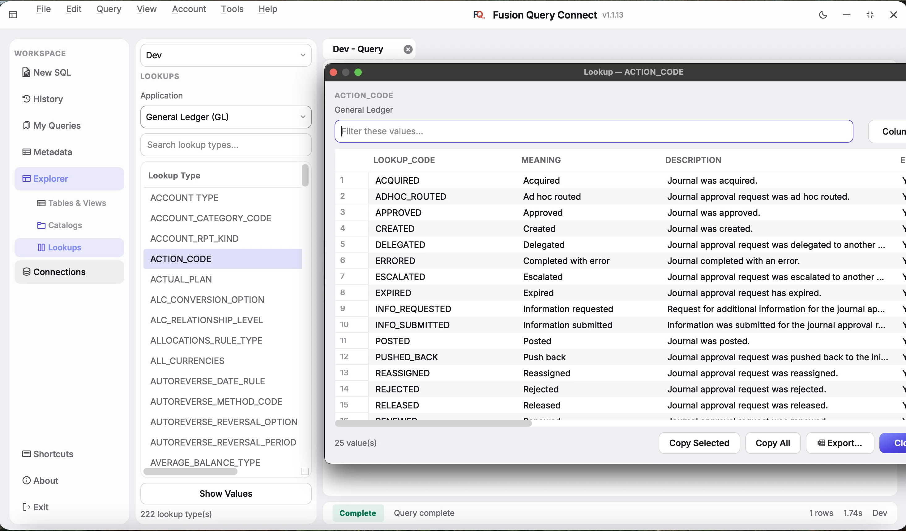 Lookups panel with ACTION_CODE for General Ledger open, showing lookup codes, meanings and descriptions with copy and export buttons