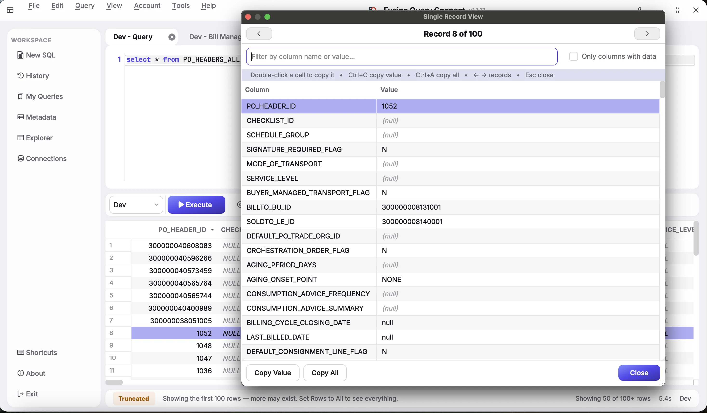 Single Record View showing record 8 of 100 from PO_HEADERS_ALL as a vertical list of columns and values