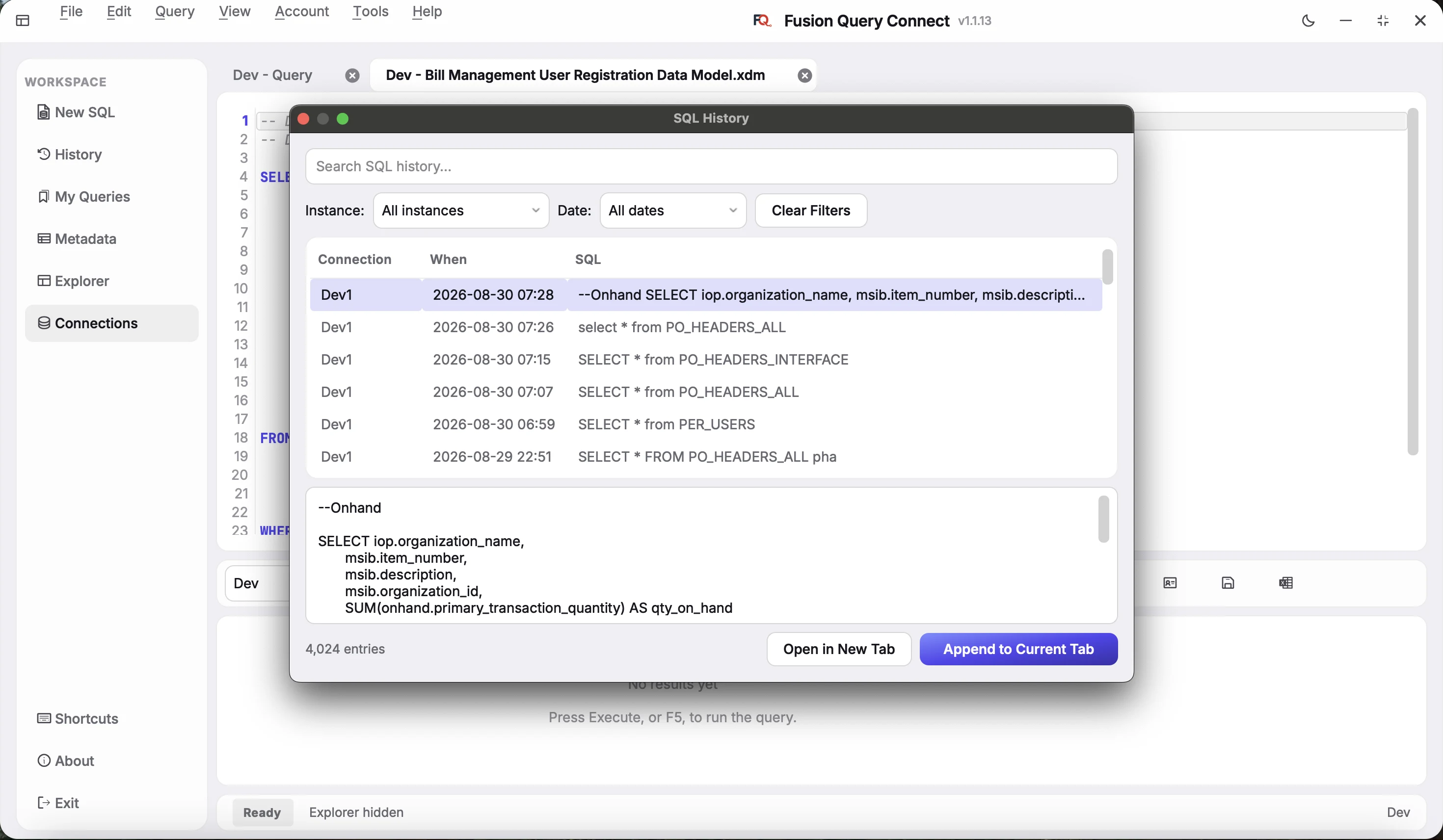 SQL History window with instance and date filters, a list of past queries and a preview of the selected SQL
