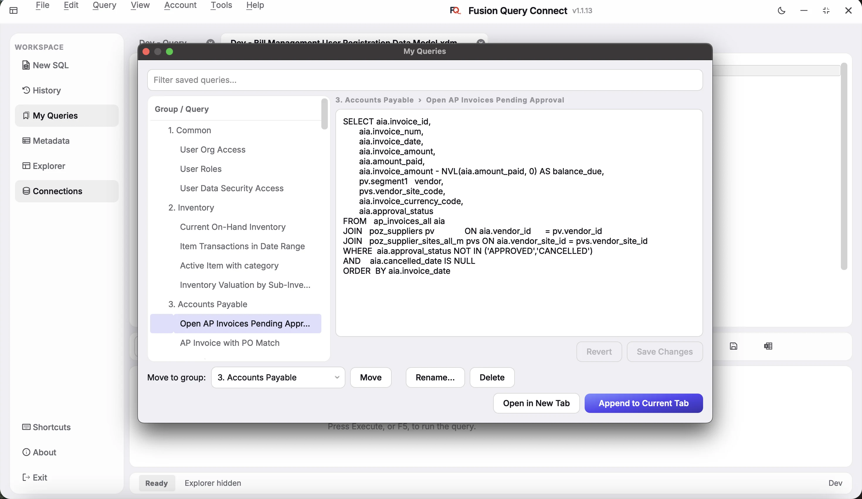 My Queries window with numbered groups such as Common, Inventory and Accounts Payable, and a saved AP invoice query